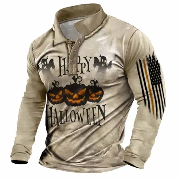 Мужская футболка поло с длинным рукавом Vintage Happy Halloween Pumpkin Ghost Повседневные топы цвета хаки