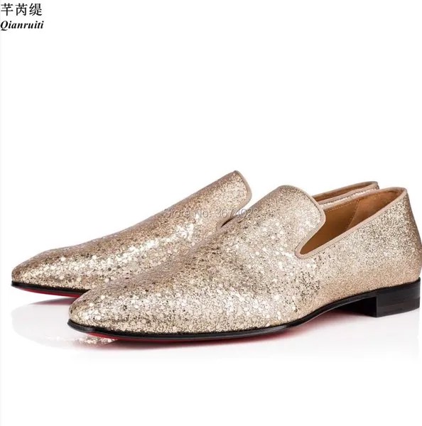Qianruiti свадебные туфли для мужчин, золотые блестящие туфли на плоской подошве, блестящие металлические лоферы, вечерние классические туфли, роскошные мужские туфли высшего качества