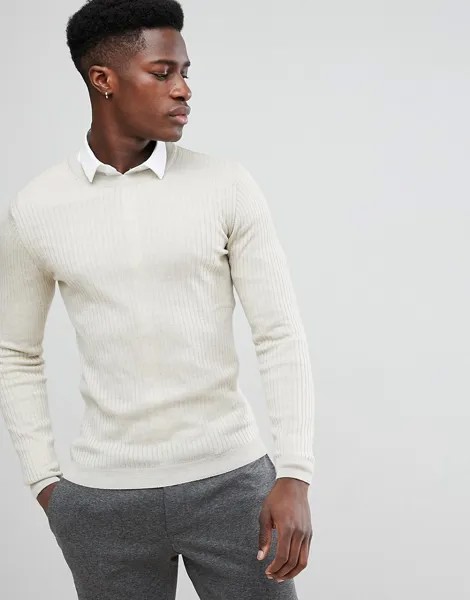 Cеро-желтый джемпер в рубчик с добавлением мериносовой шерсти ASOS-Neutral