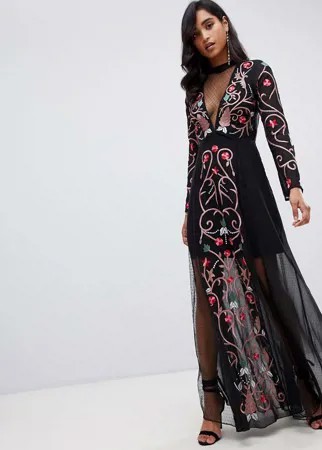 Черное платье макси с вышивкой Frock And Frill-Черный