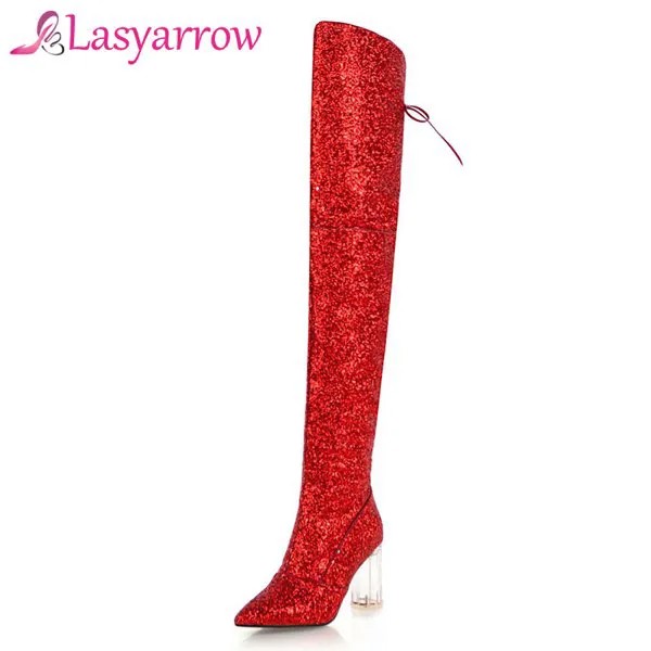 Сапоги Lasyarrow женские выше колена, брендовые пикантные высокие сапоги на шнуровке, высокий каблук, заостренный носок, золотистые/Серебристые шикарные ботфорты