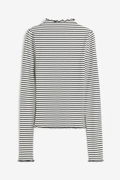 Лонгслив H&M Ribbed With Overlocked Edges, черный/белый
