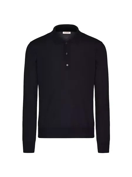 Рубашка-поло из кашемира и шелка с длинными рукавами и фирменной вышивкой логотипа V Valentino Garavani, темно-синий