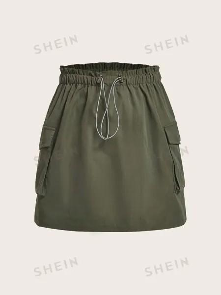 EZwear Plus Юбка-карго, пояс из бумажного пакета, боковой карман с клапаном Shein, темно-зеленый