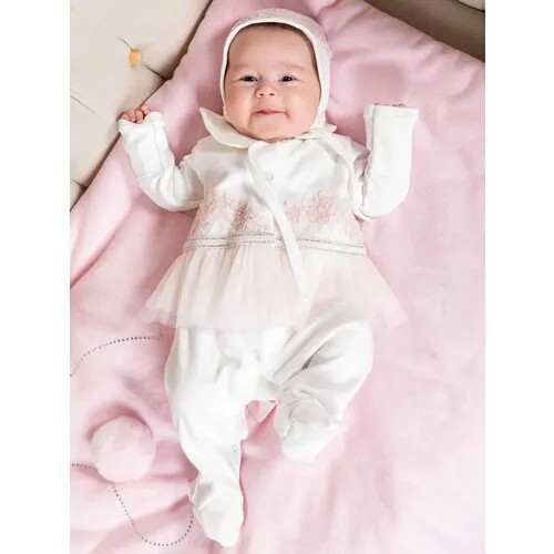 Комплект одежды  Luxury Baby для девочек, комбинезон и чепчик, нарядный стиль, застежка под подгузник, без карманов, размер 62, белый, розовый