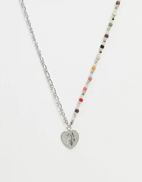 Серебристое ожерелье с цепочками и бусинами и с подвеской в виде сердечка Pieces-Серебристый