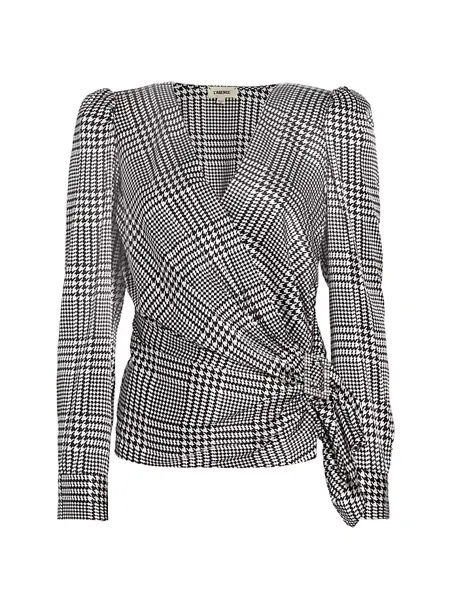 Шелковая блузка Bensen с пряжкой и запахом спереди L'Agence, цвет ivory black large glen plaid