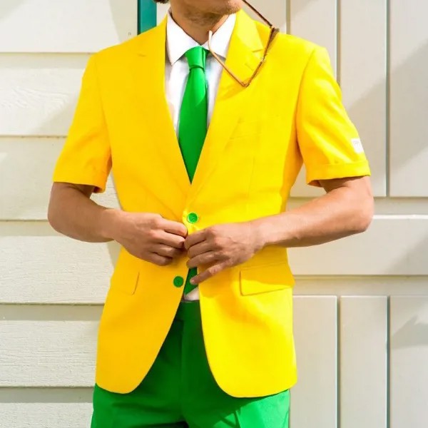 Желто-зеленые летние модные мужские костюмы с короткими брюками для свадьбы смокинги 2 предмета мужской Пляжный Блейзер новейший дизайн пальто