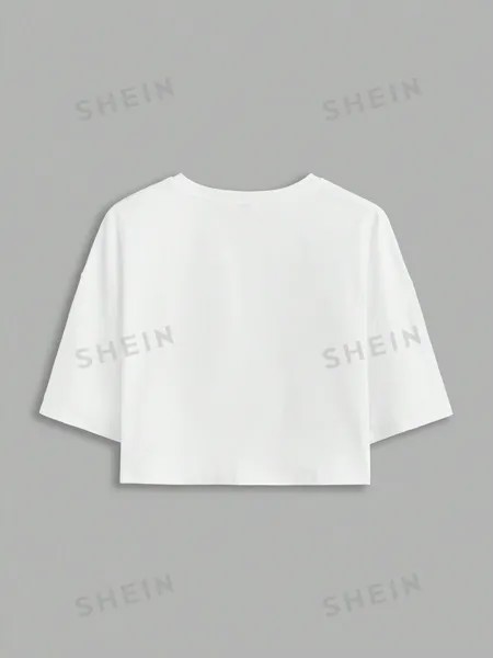 Укороченная футболка с заниженными плечами и буквенным принтом SHEIN, белый