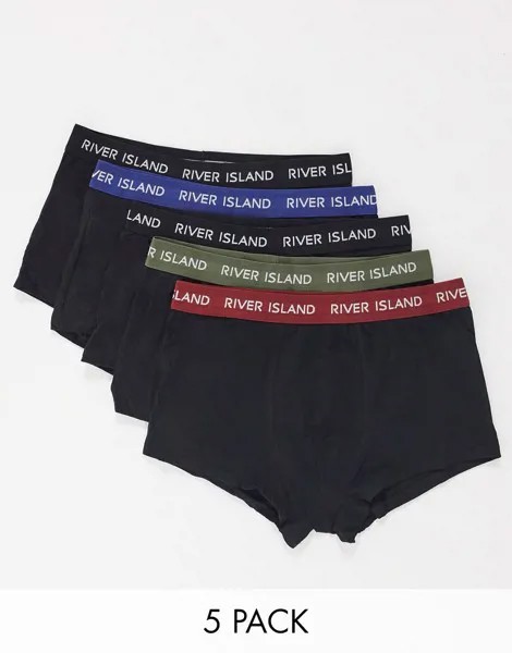 Набор из 5 трусов-хипстеров с разноцветными поясами с логотипом River Island-Черный