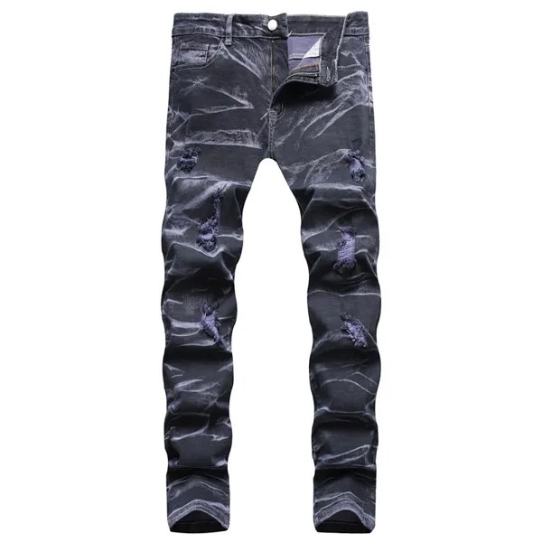 Мужские модные рваные фиолетовые джинсовые брюки, высококачественные облегающие эластичные джинсы, уличные модные сексуальные джинсы, повседневные джинсы;