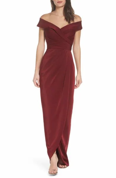 LA FEMME Гранатовое платье с открытыми плечами и портретным воротником с драпировкой-тюльпаном и запахом 2 США