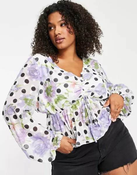 Блуза с длинными рукавами ASOS Curve, рюшами спереди, плиссированной баской по низу и цветочным принтом в горошек