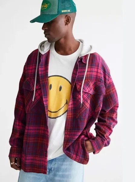 Urban Outfitters Фланелевая рубашка в клетку с капюшоном, трикотажная линия, розовый, темно-серый, S NWT