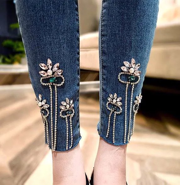 Новый тянущийся Европейский Популярный Тайланд бриллиантовый гвоздь кисточка девять точек стрейч джинсы штаны брюки карандаш брюки