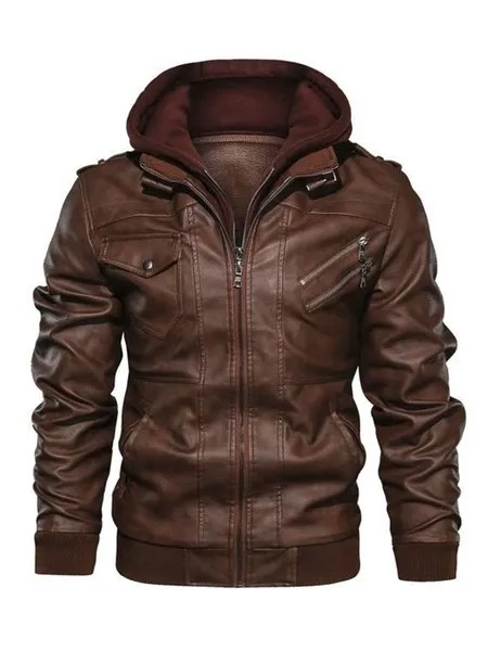 Milanoo Men Leather Jackets Zipper PU Leather Windbreaker Brown Fashion Coats