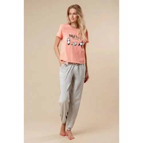 Пижама Indefini, брюки, футболка, короткий рукав, пояс на резинке, трикотажная, размер 46, оранжевый, серый