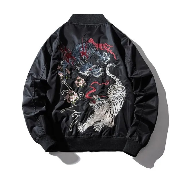 Мужская куртка-бомбер с вышивкой, осенне-зимняя куртка-пилот с драконом и тигром, мужская куртка-бомбер в стиле хип-хоп, японская бейсбольная Молодежная куртка, уличная одежда 2021