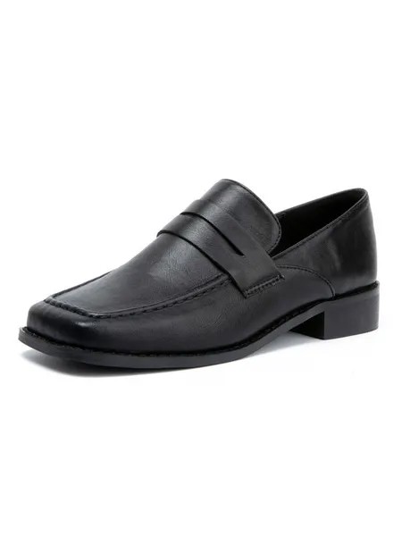 Milanoo Women\'s Loafers Black Leather Square Toe Split Sole Academic Casual Shoes