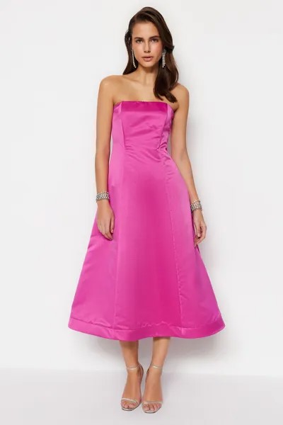 Фуксия с открытой талией/пляжное атласное вечернее платье Trendyol, розовый