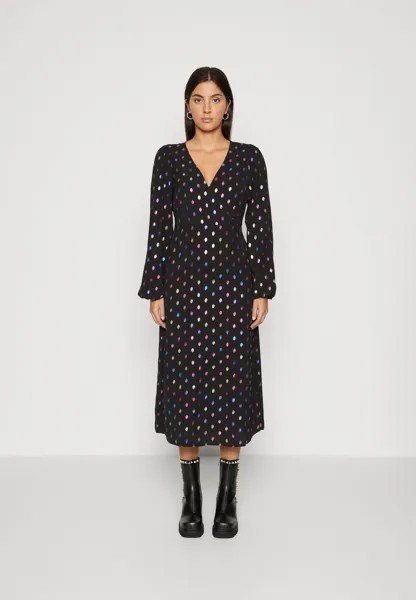 Элегантное платье Viella V-Neck Foil Wrap Midi Dress VILA, цвет black/multi