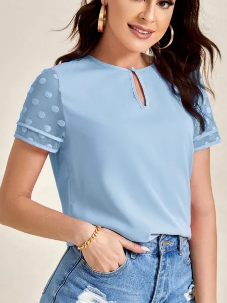 SHEIN Clasi, рубашка с вырезом, ткань в горошек, голубой
