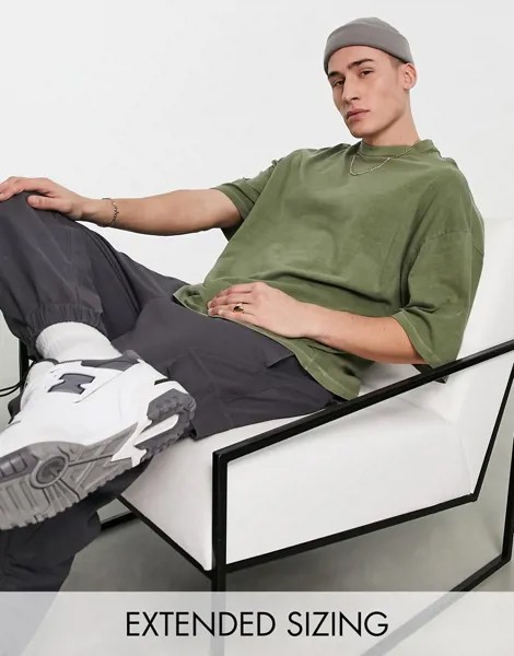 Футболка в стиле oversized цвета хаки из смесового органического хлопка с эффектом кислотной стирки ASOS DESIGN-Зеленый цвет