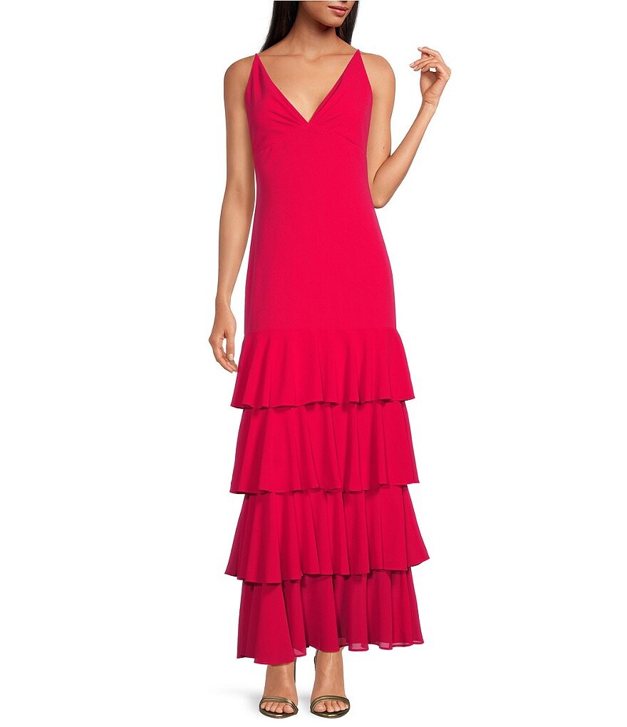 Платье макси с V-образным вырезом и многоярусной юбкой Belle Badgley Mischka Sophie, розовый