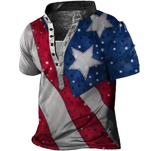 Мужская винтажная футболка с воротником-стойкой на пуговицах с принтом американского флага