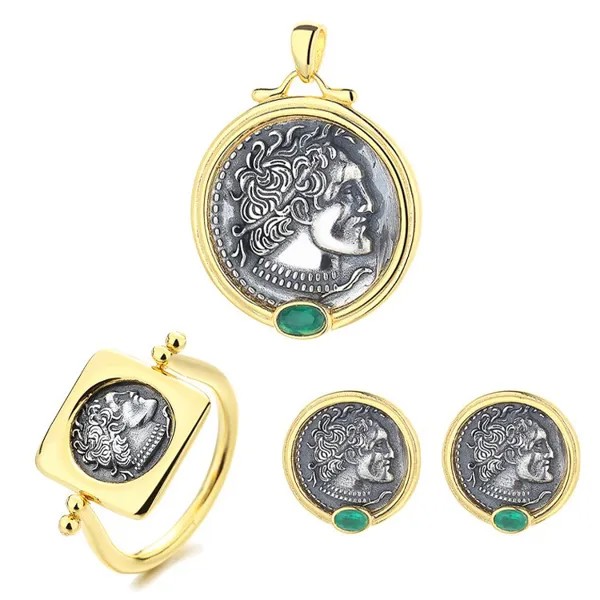 TLM ZFSILVER S925 Серебряный Ptolemy II Ретро золотые старинные монеты, серьги, кольцо, кулон без цепочки, женские свадебные украшения, подарки