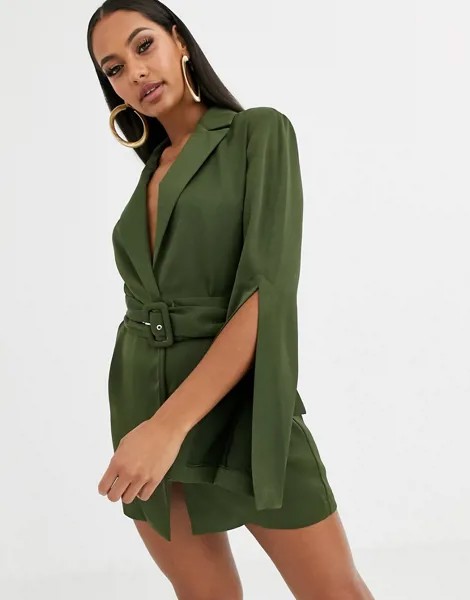 Длинный пиджак с запахом и разрезами на рукавах ASOS DESIGN-Зеленый