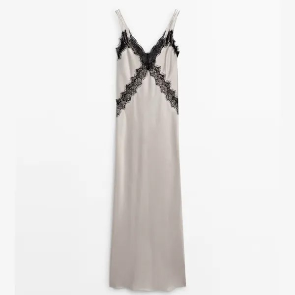 Платье Massimo Dutti Satin Halter With Contrast Lace, кремовый