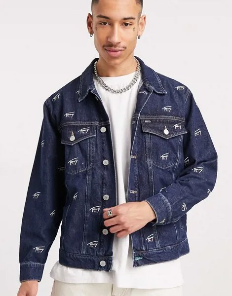 Джинсовая куртка в стиле oversized цвета индиго с логотипами по всему изделию Tommy Jeans-Голубой