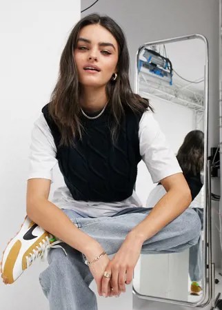 Темно-синий вязаный «в косичку» жилет с подплечниками ASOS DESIGN