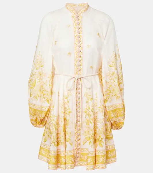 Мини-платье из льна с золотистым цветочным узором Zimmermann, цвет pink/gold floral