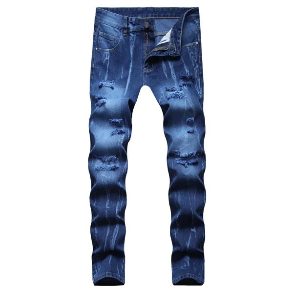 Мужские модные темно-синие джинсовые брюки, высококачественные зауженные рваные джинсы с дырками, уличные модные сексуальные джинсы, повседневные джинсы;