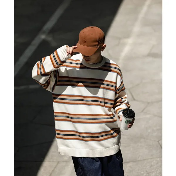 Японский свитер CityBoy в полоску, Свободный пуловер с круглым вырезом