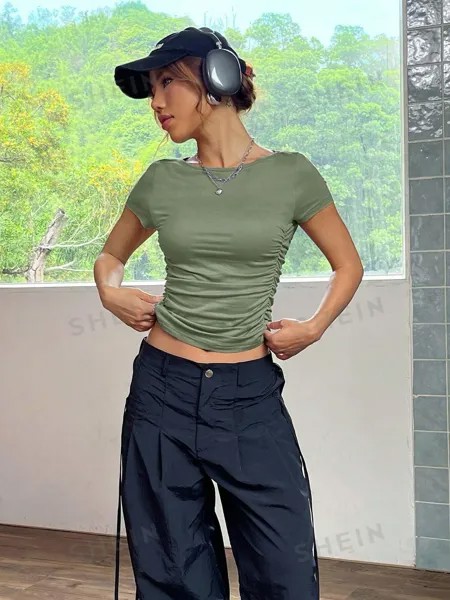 Футболка плиссированная Shein Ezwear с короткими рукавами, зеленый