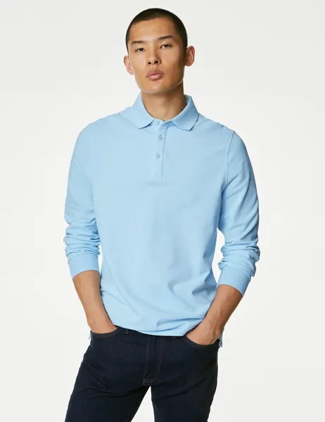 Рубашка поло из чистого хлопка с длинными рукавами Marks & Spencer, бледно-голубой
