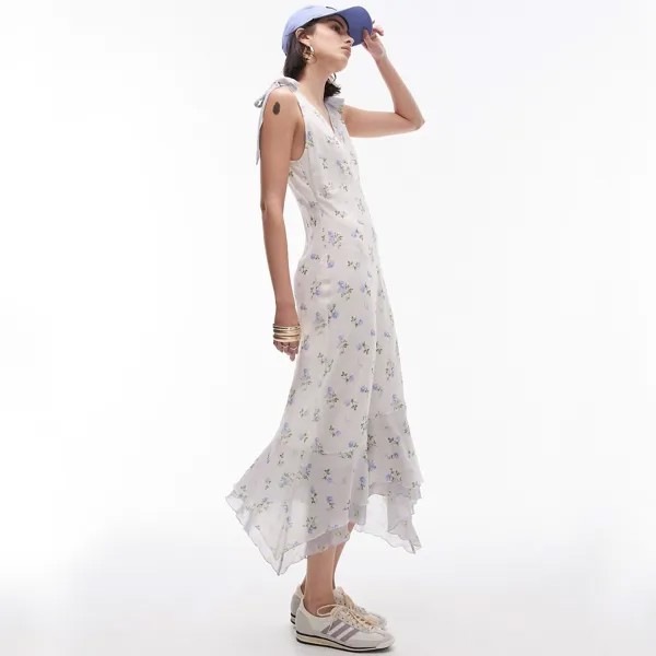 Платье Topshop Midi With Tied Straps In Vintage Style Pattern, мультиколор