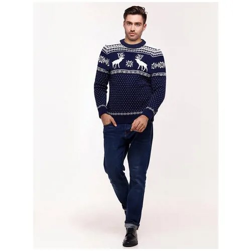 Шерстяной свитер, скандинавский орнамент с Оленями и снежинками, натуральная шерсть, синий цвет, размер S