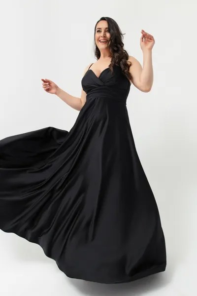Женское черное атласное длинное вечернее платье на бретельках больших размеров и выпускное платье Lafaba, черный