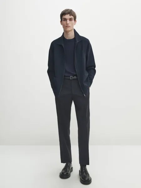 Вязаный кардиган с молнией и рубашечным воротником Massimo Dutti, синий