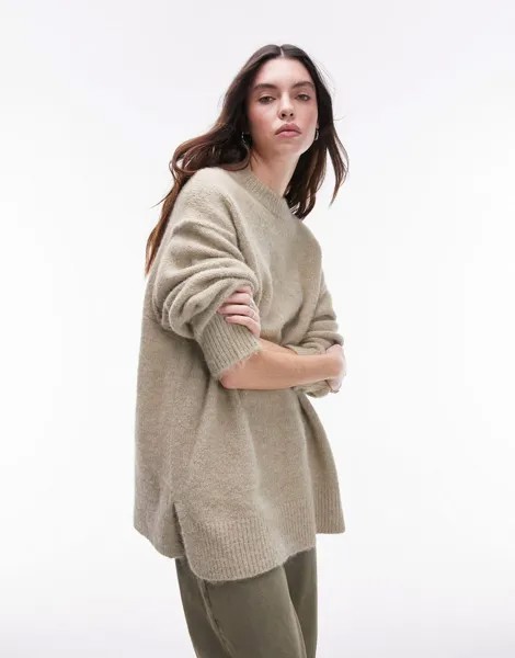 Розовый джемпер объемной вязки с открытым швом и круглым вырезом Topshop