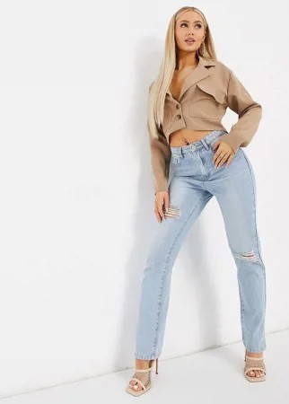 Бежевая укороченная куртка-рубашка из твила ASOS DESIGN-Бежевый