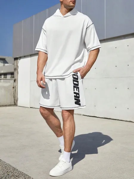 Мужской комплект из футболки и шорт с капюшоном и короткими рукавами Manfinity Hypemode больших размеров с буквенным принтом, белый