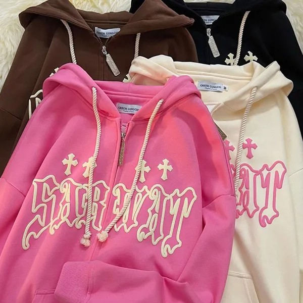 Вышивка Толстовки Женщины Высокая улица Харадзюку Ретро Хип-хоп Zip Up Толстовка Свободный мужчина Толстовка Толстовка Одежда Y2K Толстовка