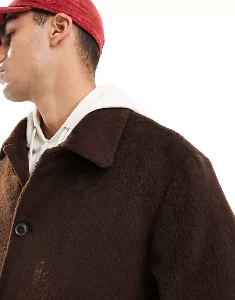 Коричневое пальто с имитацией шерсти ASOS