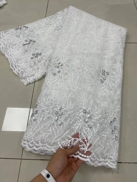 Нигерия, чистый белый кружевной сетчатый Блестящий молочный шелк, швейцарская Высококачественная вуаль, кружево, 5 ярдов, ткань для невесты, женское вечернее платье