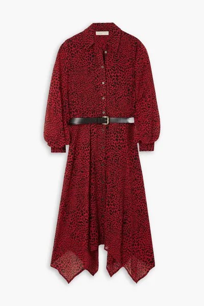 Платье-рубашка миди из крепдешина с леопардовым принтом и поясом MICHAEL MICHAEL KORS, красный